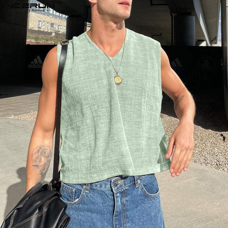 INCERUN Tops 2024 American Style Mens Solid Textured V-neck Design Vests Casual All-match Simple Male Sleeveless Tank Tops S-5XL