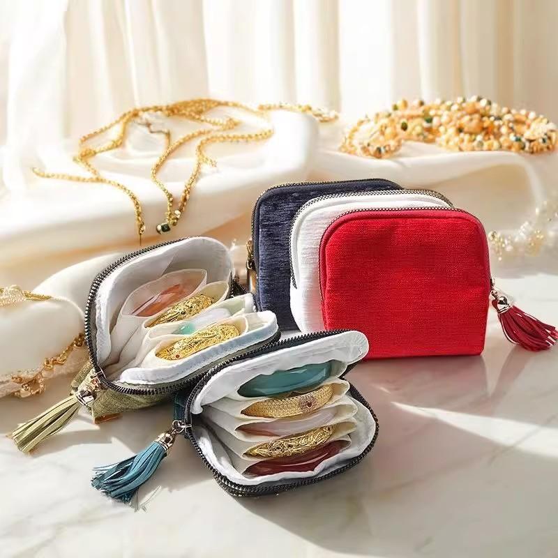 Tassel Decor Jewelry Storage Bag Multi-Layer Lining Portable Travel Organizer for Rings Necklaces Bracelets Large Capacity Jewel