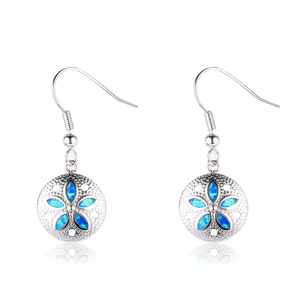 Blue Opal Earrings for Women,White K Plated Dangle Earrings with Exquisite Openwork Pattern,Elegant Fishhook Design Gift