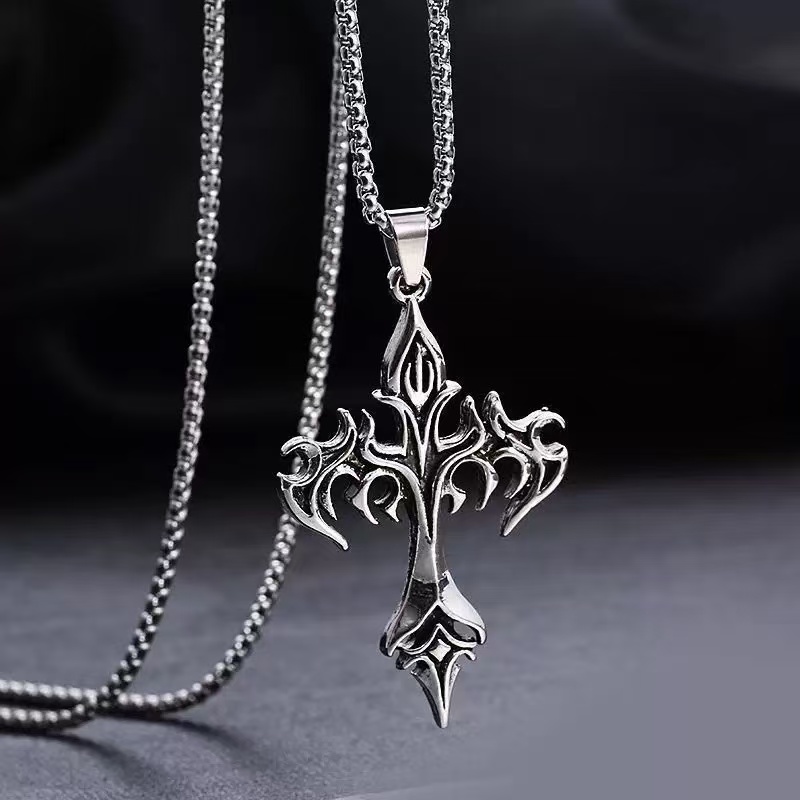 1PCS Fashion Retro Flame Cross Pendant Necklace Men's and Women's Long Chain Punk Gothic Fashion Accessories