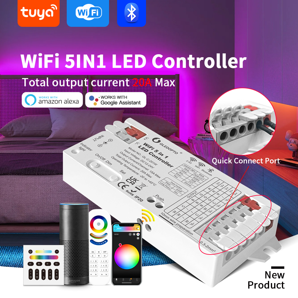 WiFi&Bluetooth 5 in 1 LED Strip Controller 20A RGBCCT RGBW RGB CCT WWCW Dimmer Work with Tuya Smart Life App Control