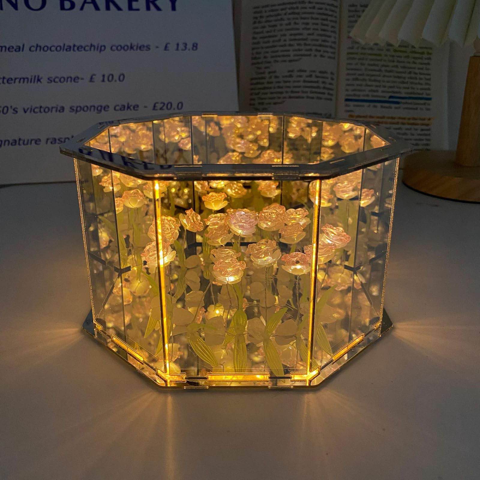 DIY Rose Mirror Lamp, Handmade DIY Octagonal Rose Flower Night Light, Flower Sea Night Light Home Decor Christmas Birthday Gifts