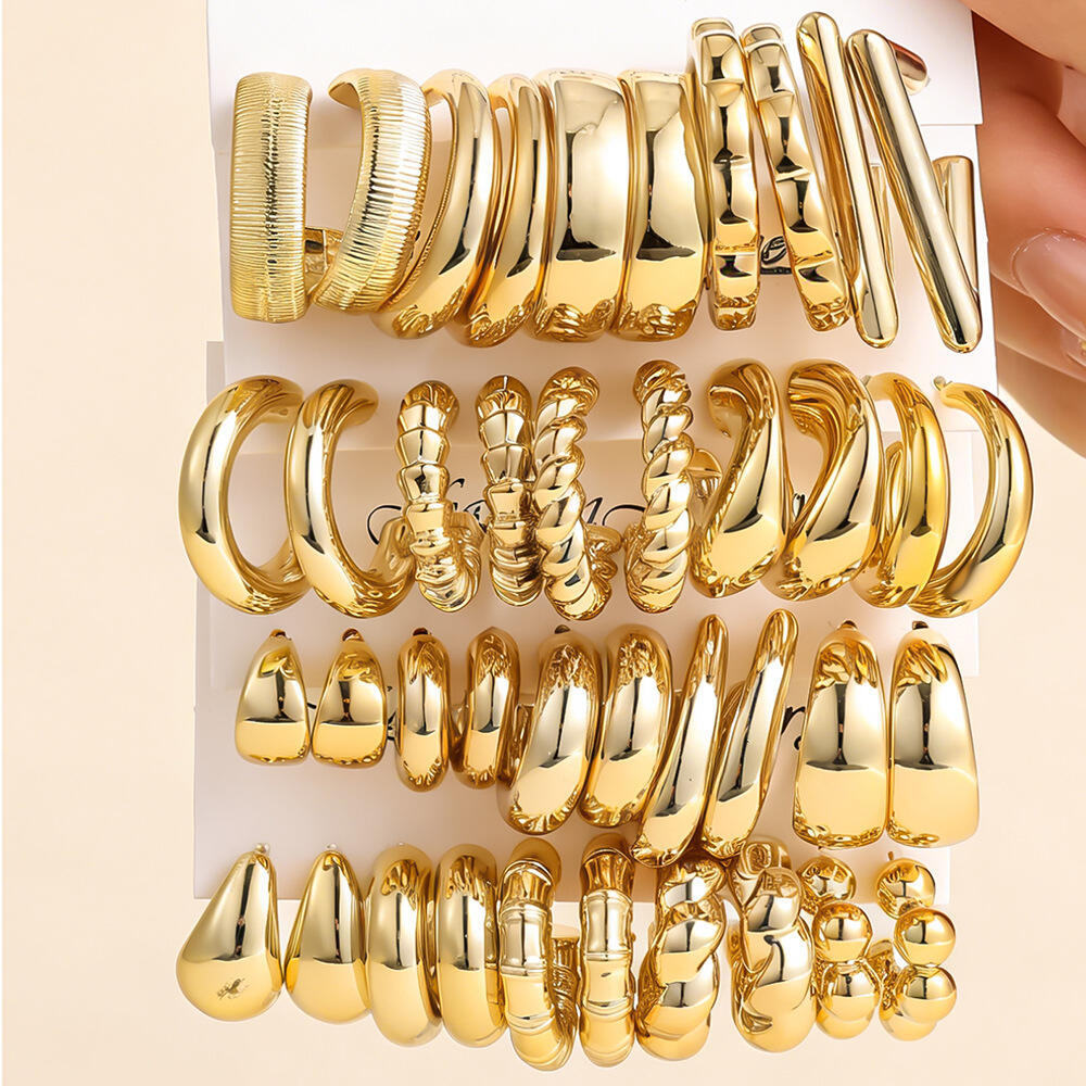5Pairs Gold Hoop Earrings Set for Women, Chunky Twisted Bamboo Cuff Earrings, Vintage Thick Open Hoops