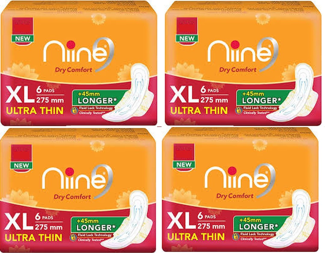 Combo Pack Niine Dry Comfort XL Ultra Thin Sanitary Pad With Free Biodegradable Disposable Bags ( 6 pcs×4 pack= 24 Pcs)