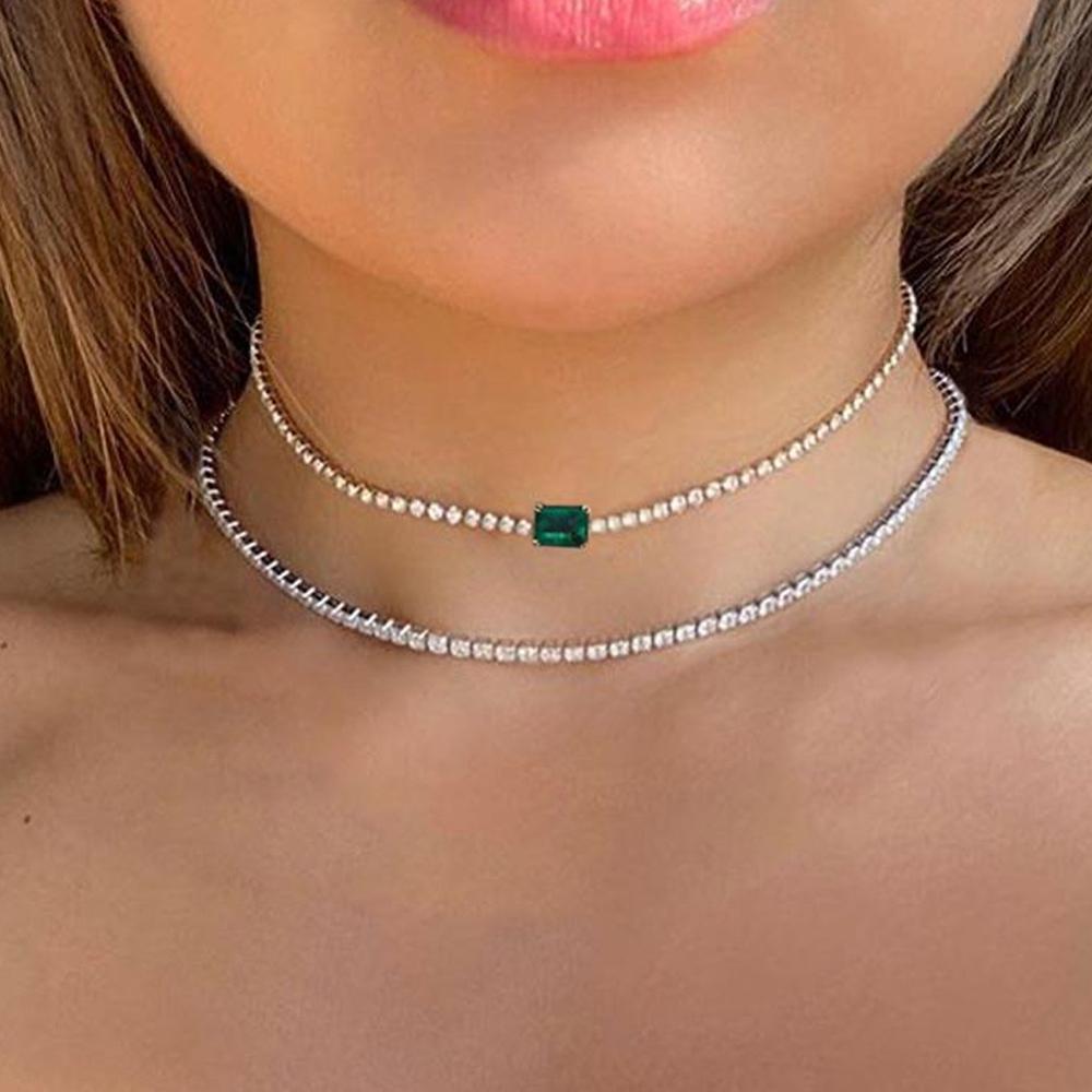 Stonefans Simple Green Crystal Square Choker Necklace for Women Statement Rhinestone Tennis Chain Choker Necklace Collar Jewelry