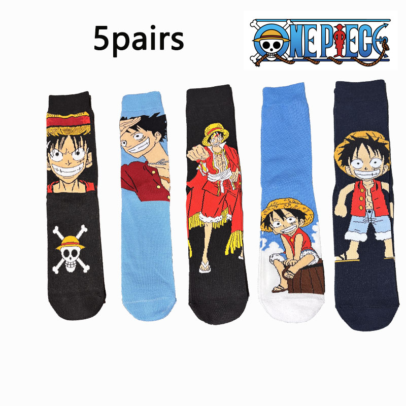 One Piece Luffy Socks 1/5 Pair Set Anime Merchandise Trendy Socks Cartoon Personality Mid-Calf Socks