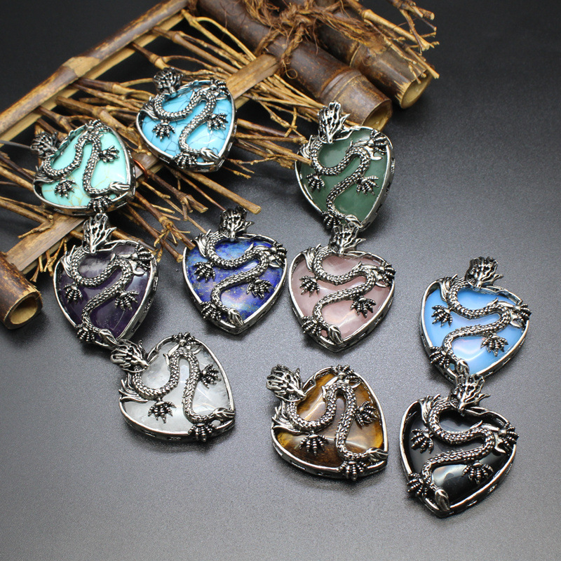 Dragon Necklace natural stone Heart Pendant Jewelry for Women Men Dragon Pendant Love Shaped Locket Pendant Necklace 1pc