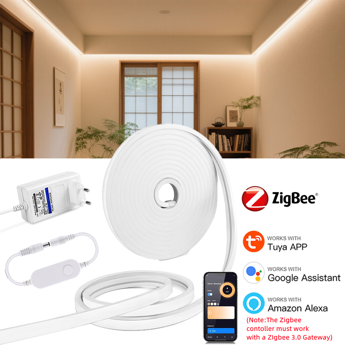 1-5M One Roll Zigbee 3.0 DC12V Neon Light Strip Waterproof Dimmable Smart Voice Control LED Tape for Tuya Smartthings Zigbee3.0