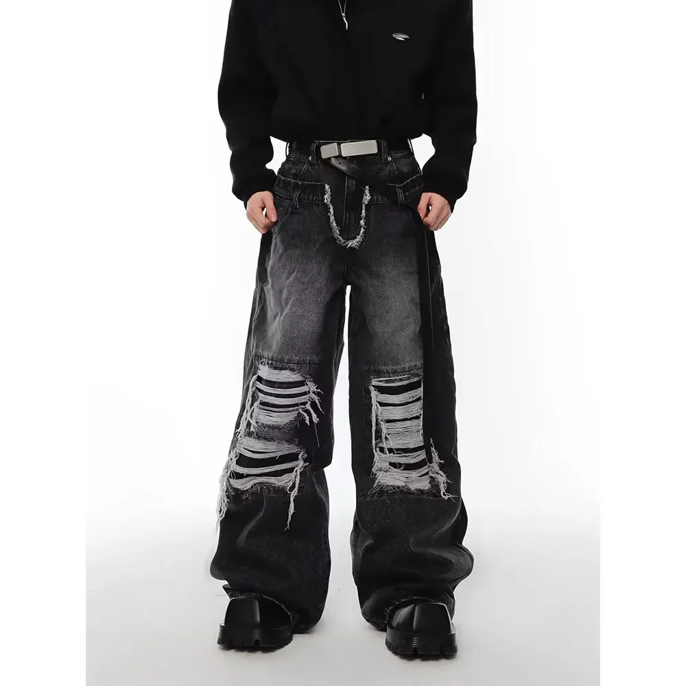 Autumn Winter Jeans Men Wide Leg Pants Floor Length Denim Pant Hole Loose Casual Pocket High Waist Splice Straight Trousers