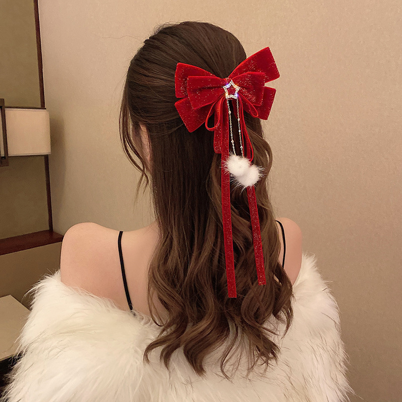 '1Pc Red Golden Velvet Bow Hair Ornament New Year Accessories Hair Clips For Women Girls.
