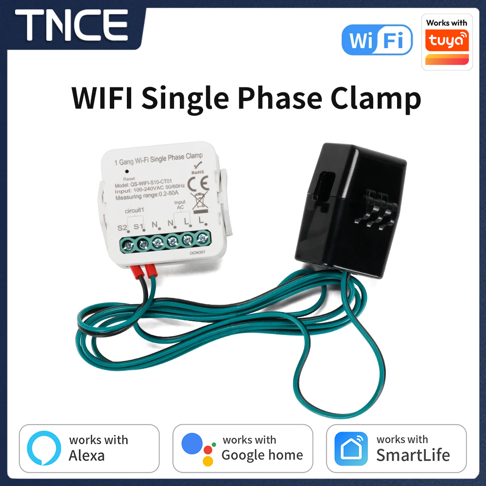 TNCE Tuya Energy Monitor WIFI 1/2gang Meter Switch, Smart Single Phase Clamp 80A Current Transformer Power Consumption Monitor