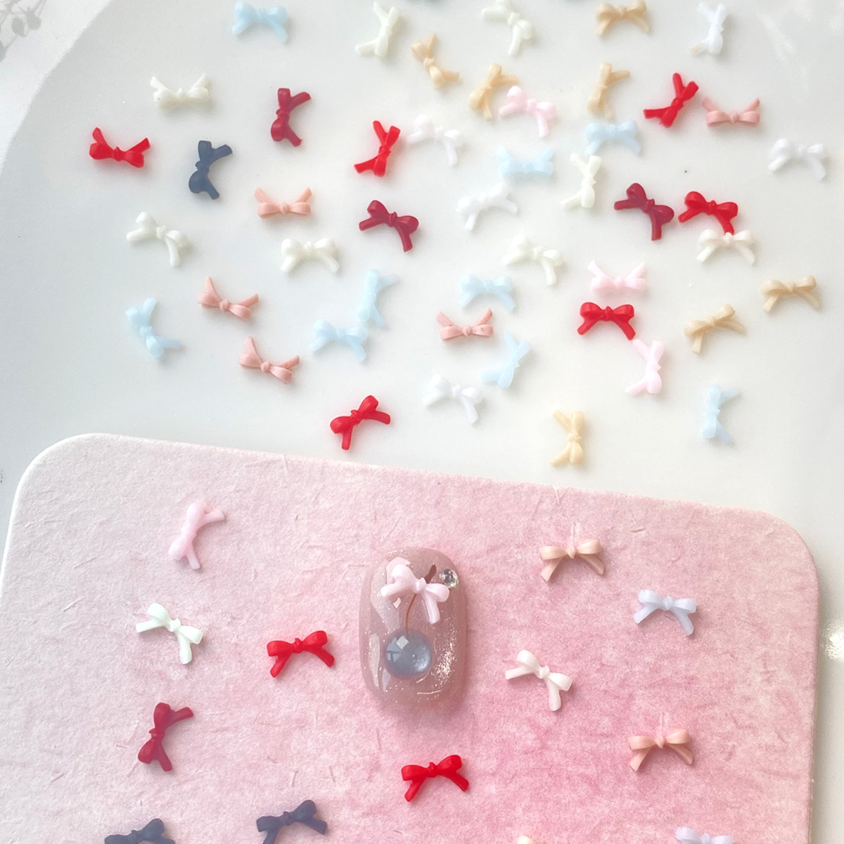 100PCS Mixed Color 3D Cute Pink Red White Bow Manicure Parts Accessoire Kawaii Resin Mini Bowknot Nail Decoration
