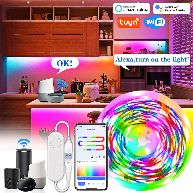 Tuya COB LED Strip Light 5V USB Smart WIFI Strip Lights Tape Addressable Flexible RGBIC APP Control Support Alexa Home
