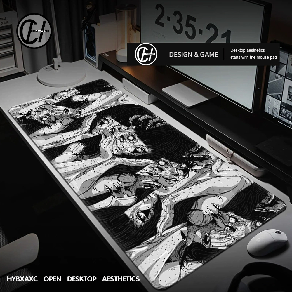 Black and white Mouse Pad Cute HD Desk Pad Extended Gaming Keyboard Mats Large XXL Gamer Junji Ito Collage Horror Anime Mousepad