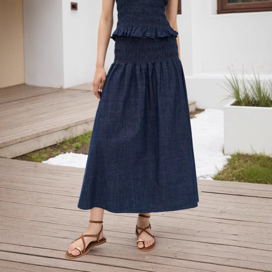 Women Imitation Denim Maxi Skirt High Waist Shirred Lmitation Denim A-Line Long Skirts Casual Summer Spring Jean Bottoms