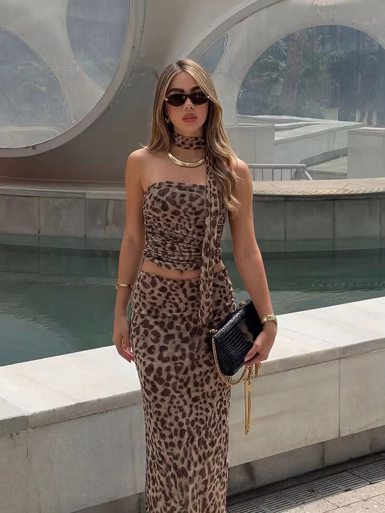 Women Leopard Print 2 Piece Outfit Strapless Ruched Crop Top Maxi Skirt Set With Choker Scarf Party Clubwear For Summer