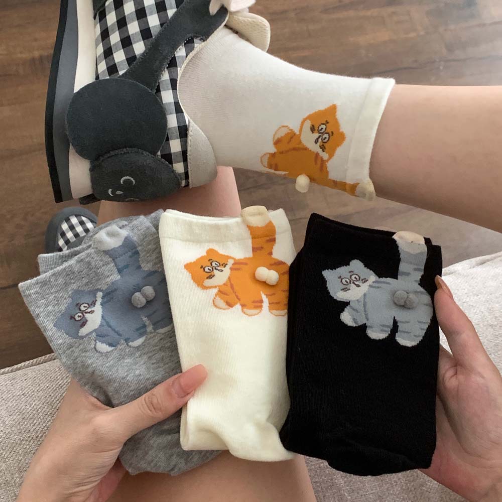 Women's Crew Socks - Quirky White Cartoon Cat Design, Fun Style, Cute & Trendy for Outerwear