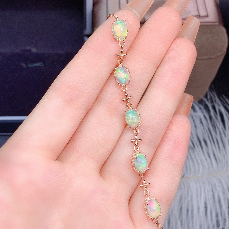 Genuine Opal Charm Bracelet 5*7MM Natural Colorful Gemstone Fine Jewelry for Women Anniversary Real 925 Sterling Silver