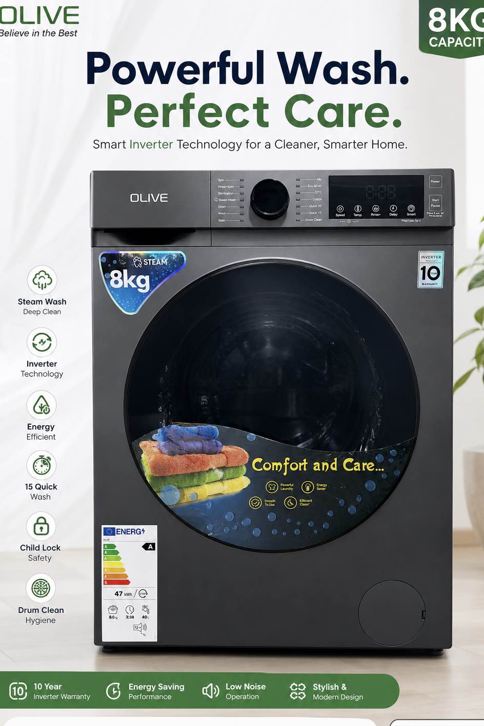 Olive 8kg inverter Washing Machine Front Loading, Olive, Fully Automatic, Inverter Motor, Energy saving, eco wash