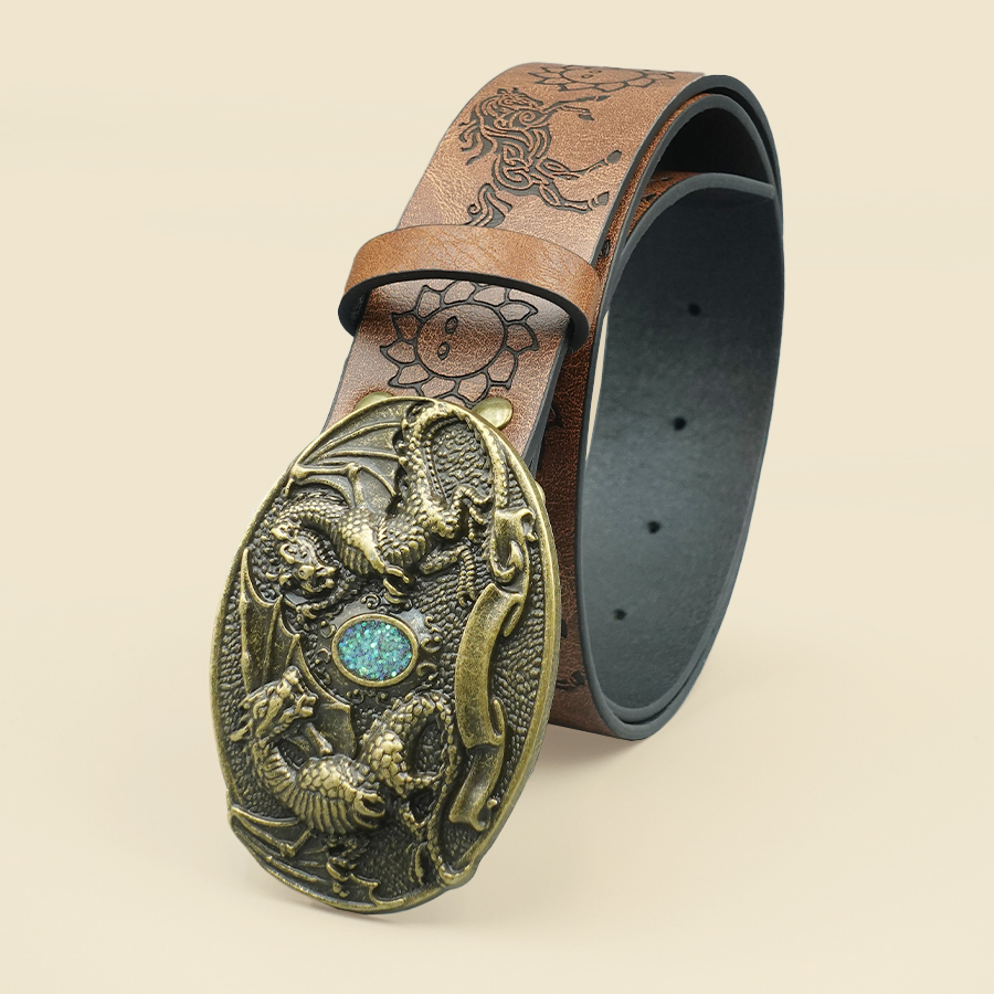 Brown European-Style Casual Belt with Retro Dragon Pattern Carved and Gem-Inlaid Buckle - Versatile Classic Decorative Belt