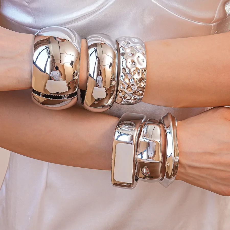 Punk Silver Color Acrylic Cuff Bracelet for Women Men Geometric Round Wide Bracelets Bangles Party Hand Accessories F