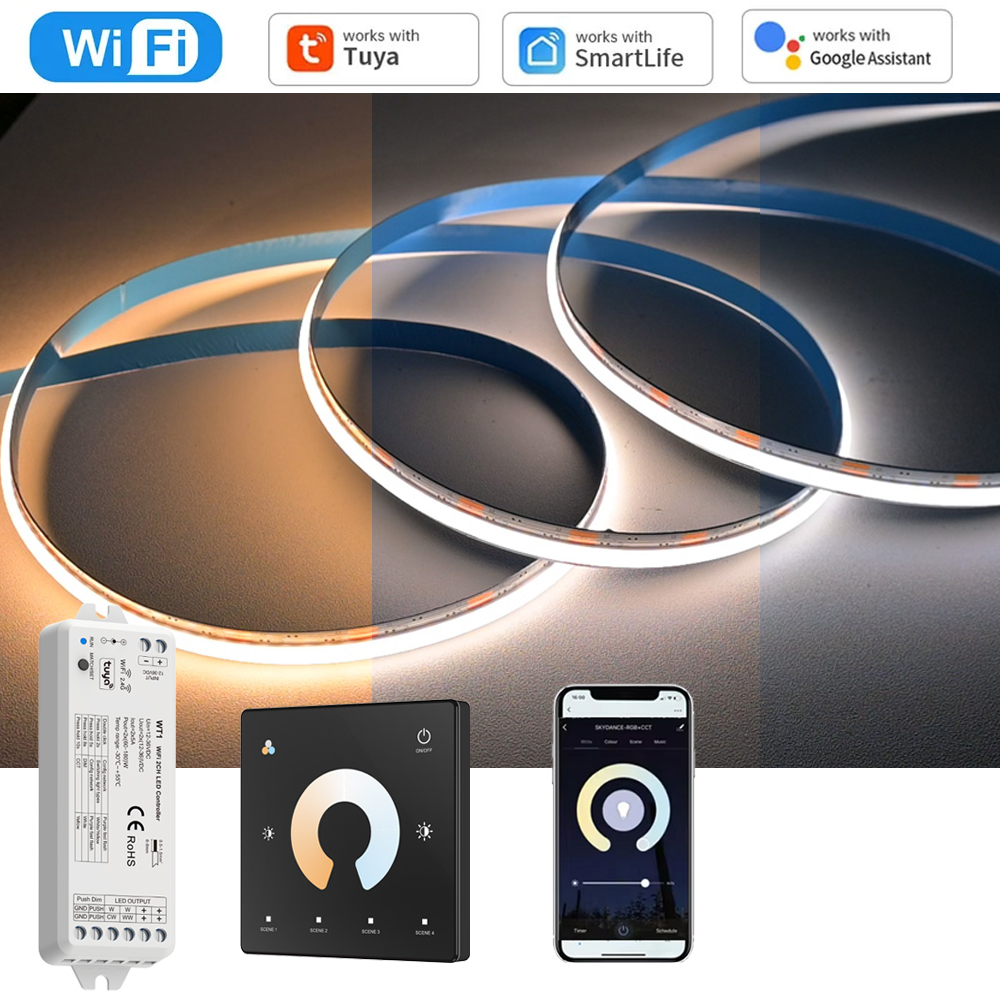 10M 20M Tuya WiFi COB CCT Led Strip 24V Dual White Room Light 2700-6500K 2.4G RF Dimming Touch Remote f Alexa SmartThings