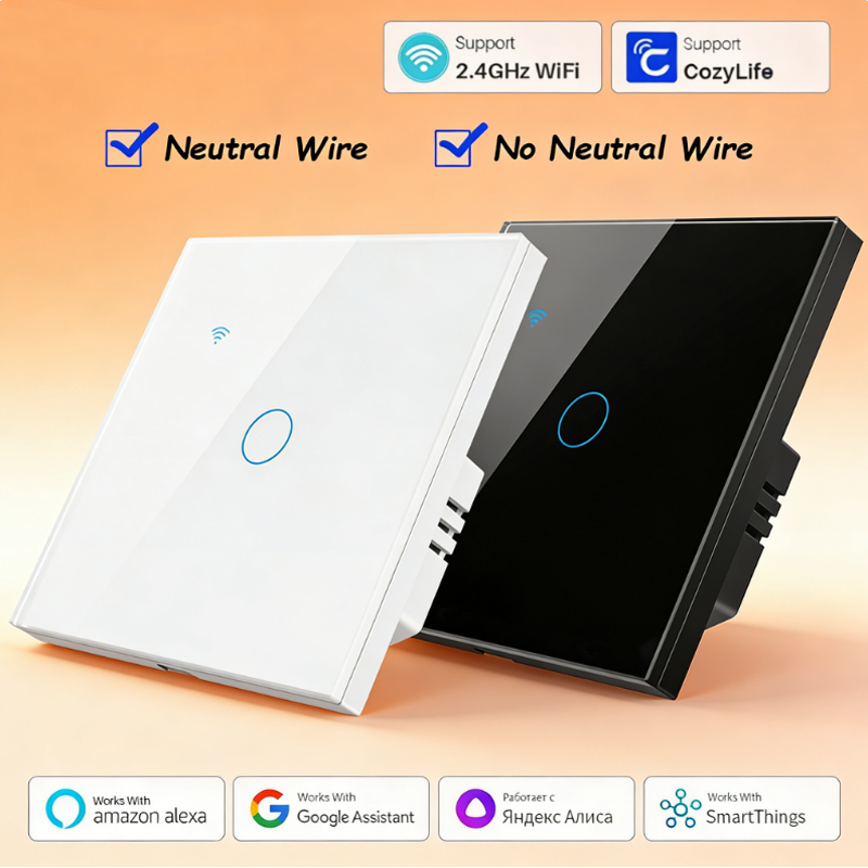 Tuya EU Smart WIFI Touch Switch with Alexa Voice Control for Wall-mounted WiFi Smart Switch with Single Hot Wire
