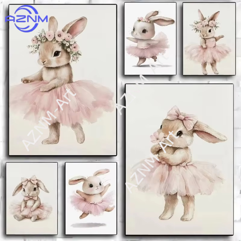 1pc Bunny Poster Easter Nursery Print Cute Ballerina Bunny Ballet Animal Vintage Poster Sticky Home Bar Cafe Decor