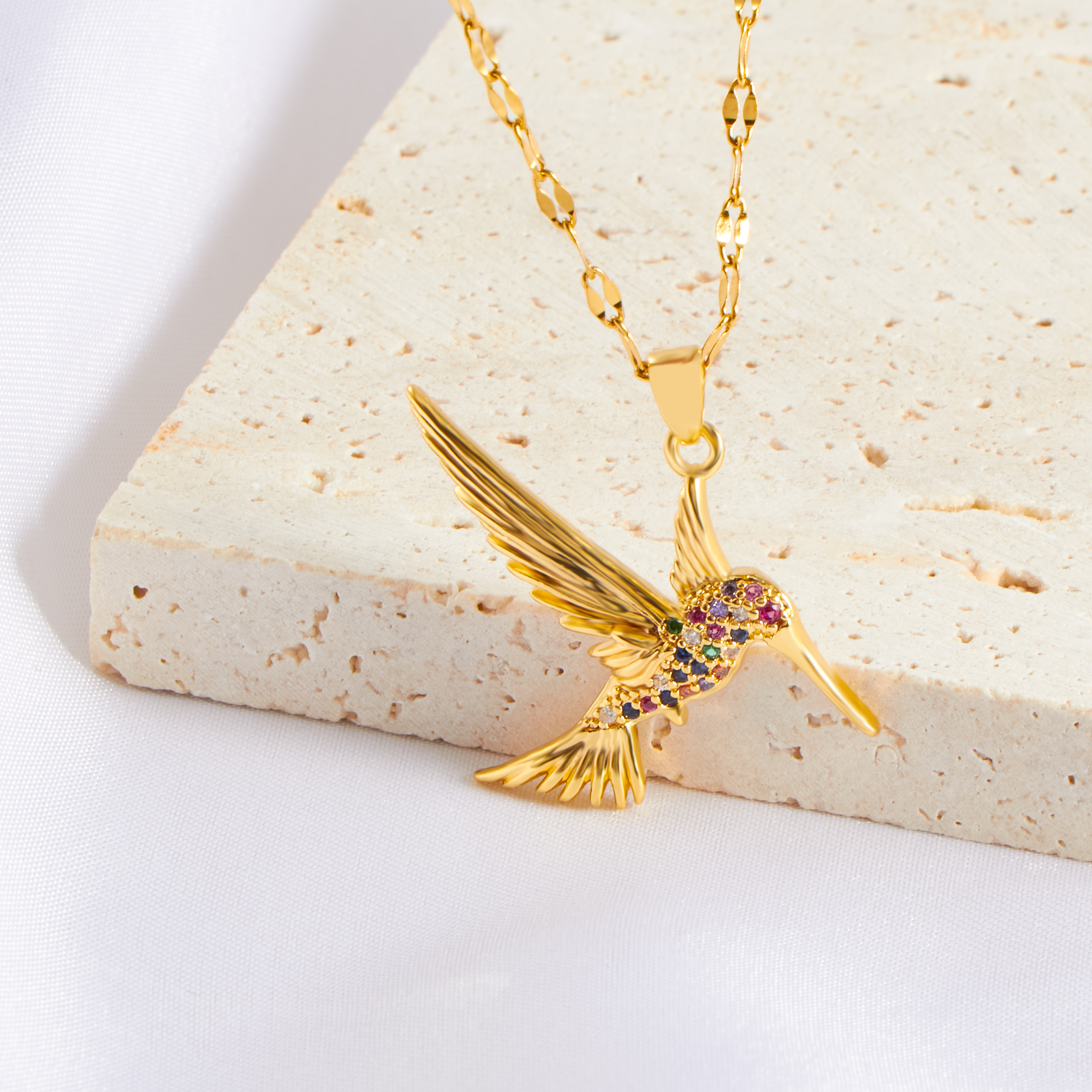 Golden Hummingbird Bird Set Colorful Zircon Pendant for Women's Party Low Allergy Jewelry Necklace