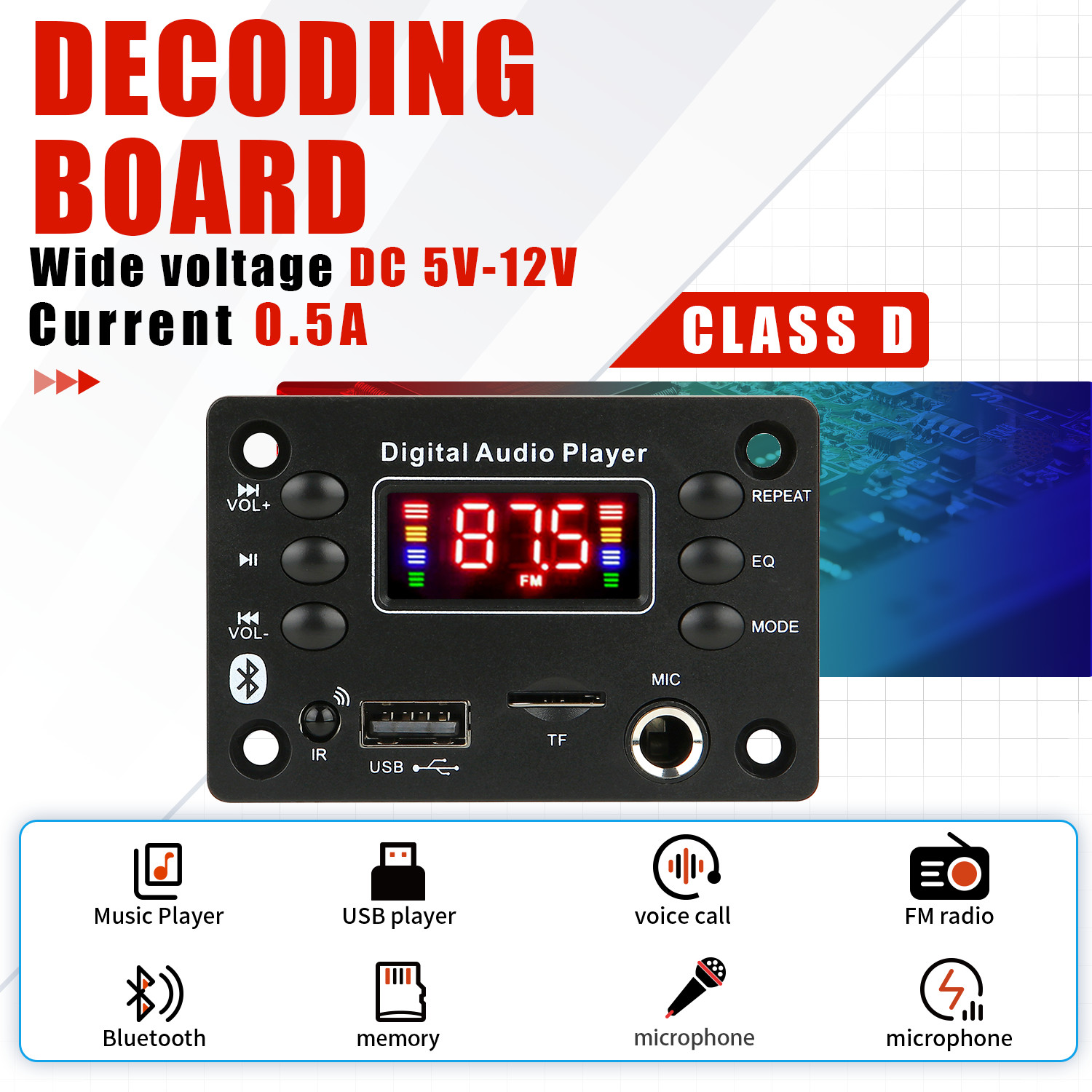 12V MP3 Decoder Board Bluetooth Car Kit USB MP3 Player Support WMA WAV TF Card Slot / USB / FM With Color Screen