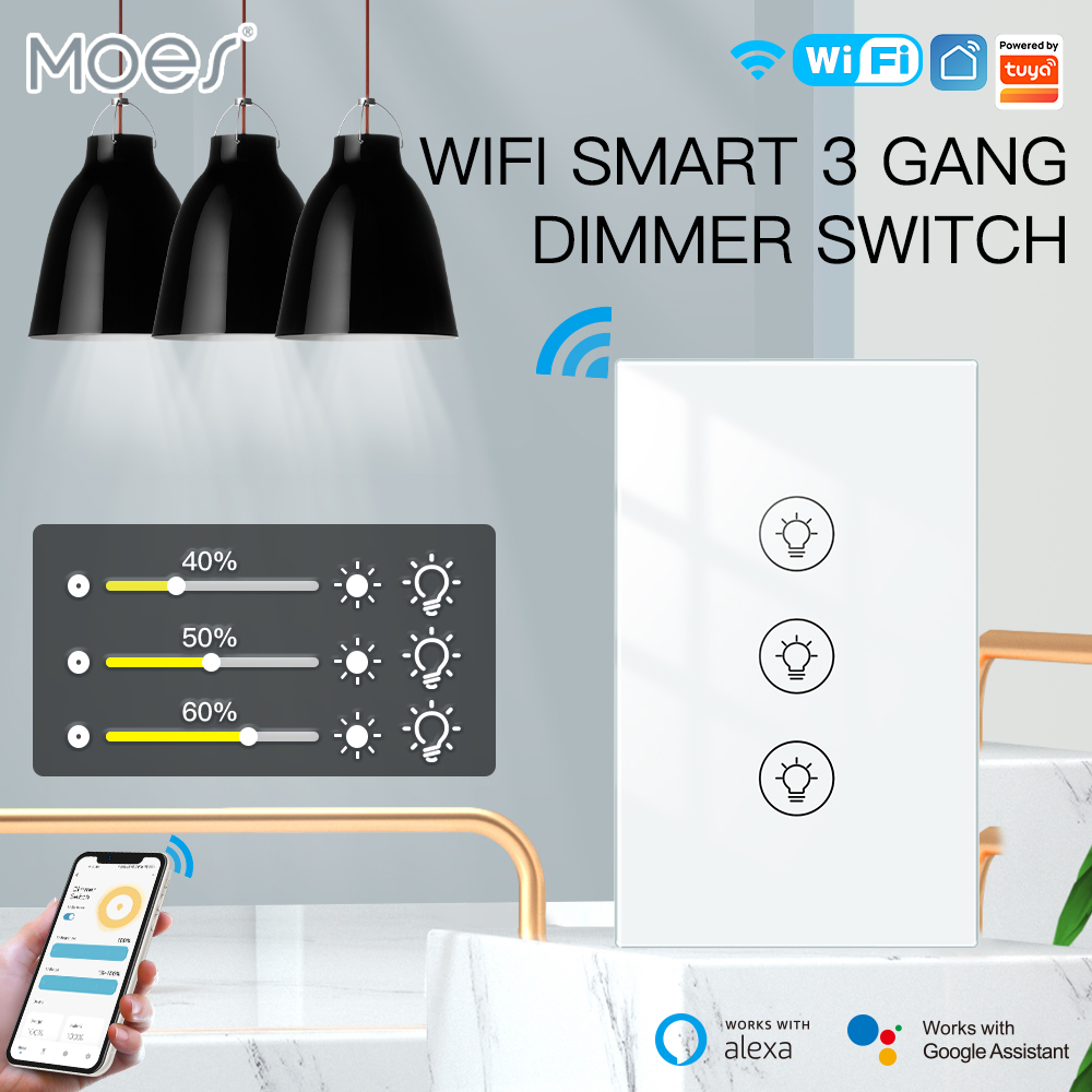 MOES New Tuya WiFi Multi-gang Smart Light Dimmer Switch 1/2/3 Gang Smart Life/Tuya APP Works with Alexa Google Voice Assistants lightify