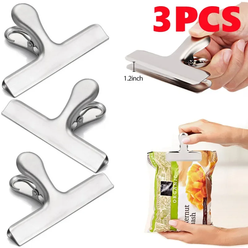 3PCS Bag Clips Stainless Steel Heavy Duty Durable Air Tight Seal Silver Metal Food Clips for Snack Sealing Office Paper