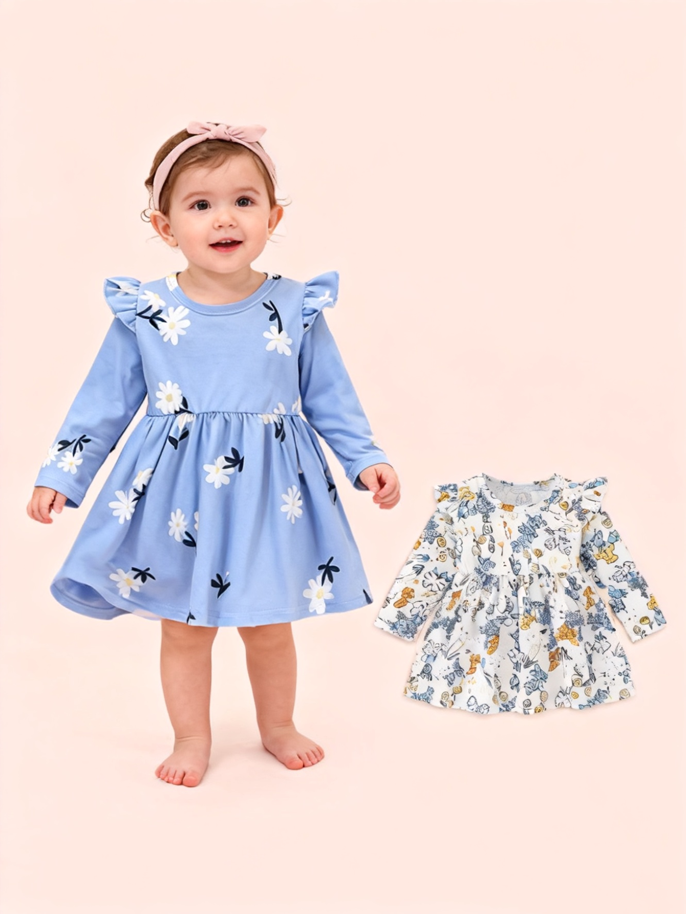 2 pieces set of girls' baby fashion casual flower printed knitted fabric round neck long sleeves dress for spring and autumn