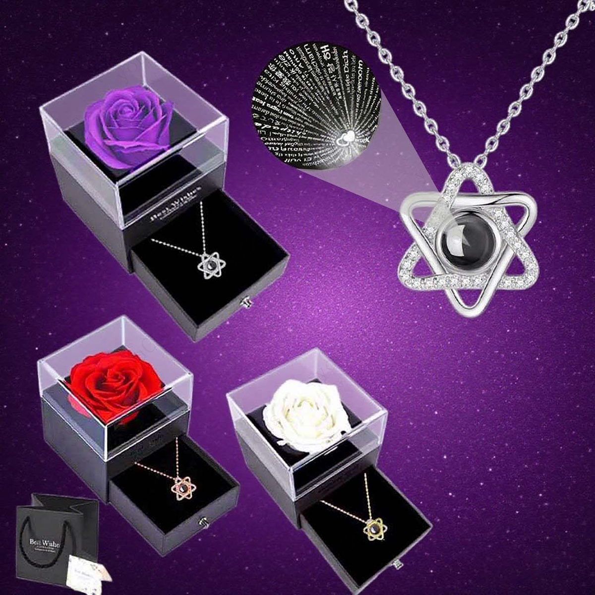 Luxury 100 Languages Projection Pendant Necklaces With Rose Box For Women Girlfriend Wife Valentine Jewelry