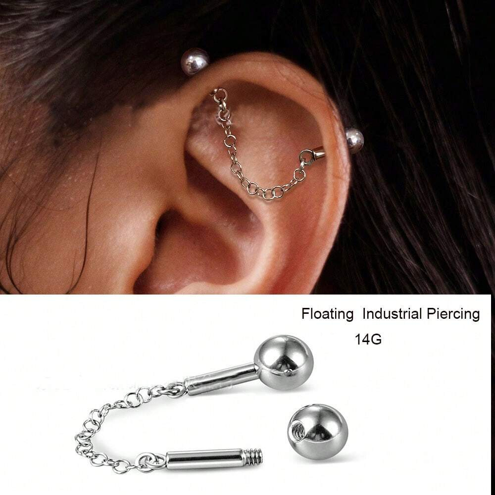 1 Piece Stainless Steel Chain Floating Industrial Piercing Industrial Barbell Cubic Zirconia Ball Ear Piercing Body Jewelry 14G