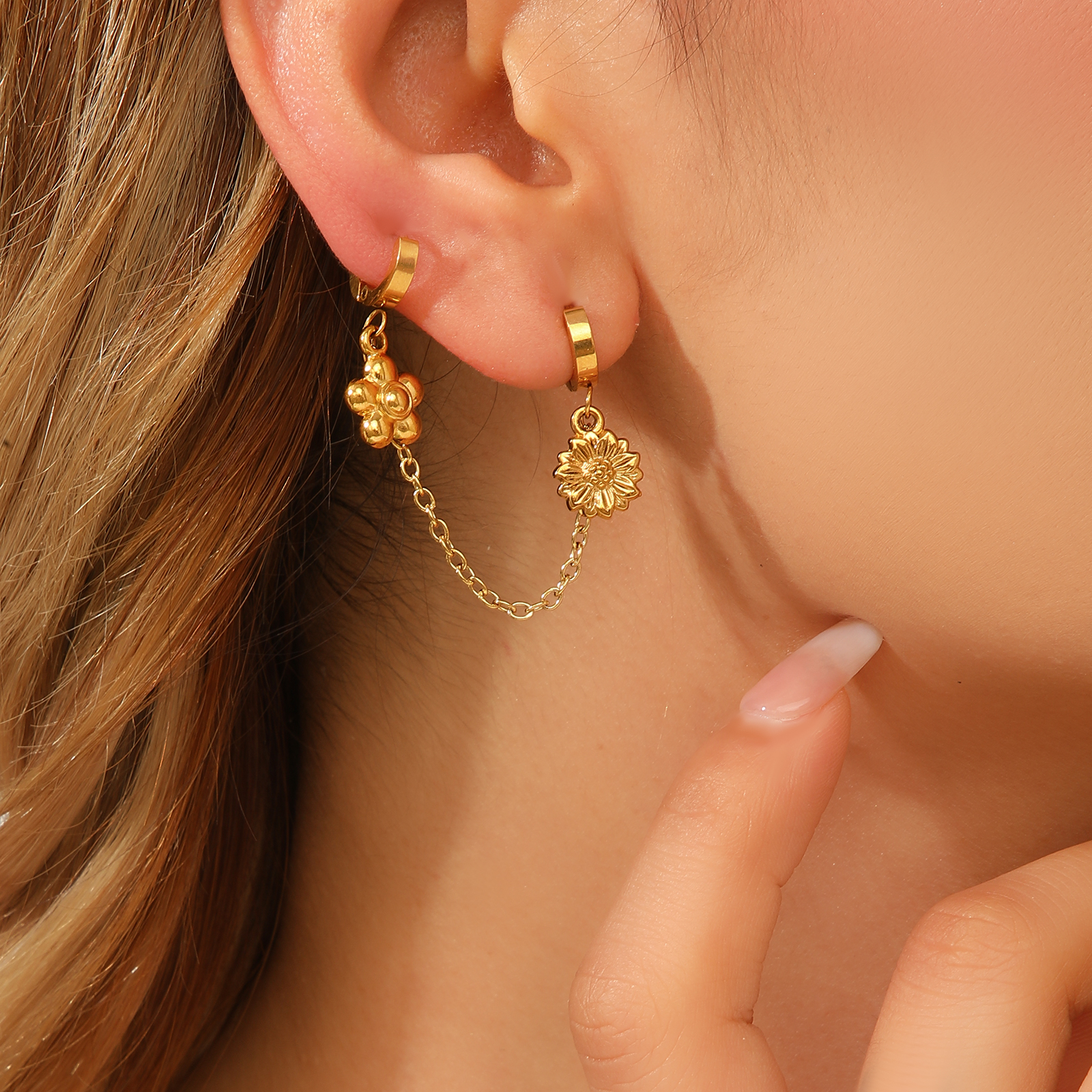 Kissmoon 1 PCS Exquisite Flower Tassel Double Earrings Stainless Steel Gold Color Multi-Element Pendant Earring Jewelry