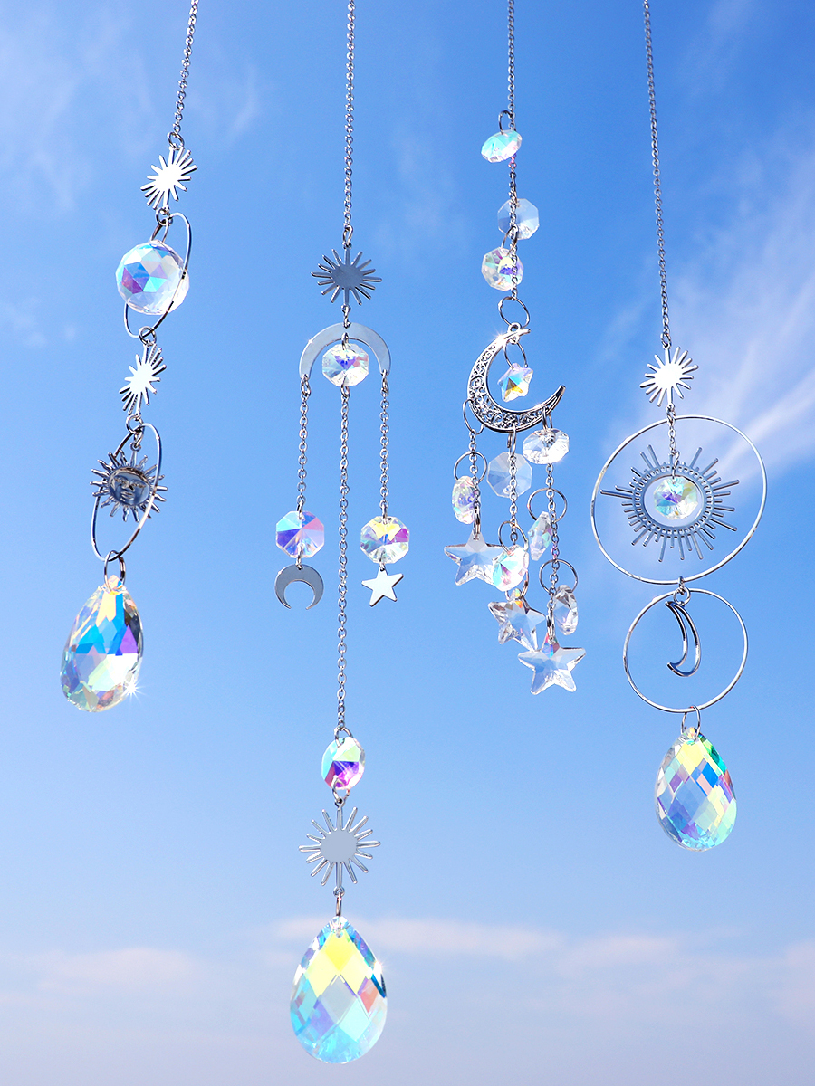 4 Pcs Silver Metal Boho Dreamcatcher Crystal Pendant Hanging Sun Catcher Crystal Suncatcher Garden Outdoor Decors Girl's