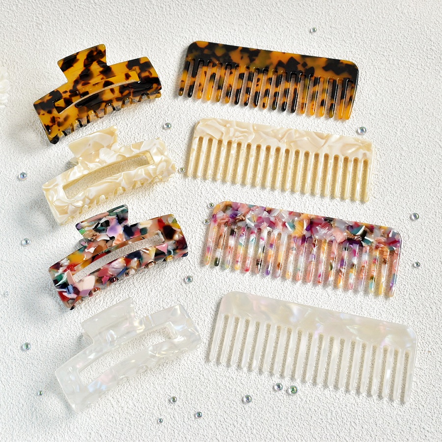 2-Piece Women's Acetic Acid Material Wide Teeth Hair Comb Acetic Acid Hollow Rectangular Hair Claw Combination Set Portable Styl