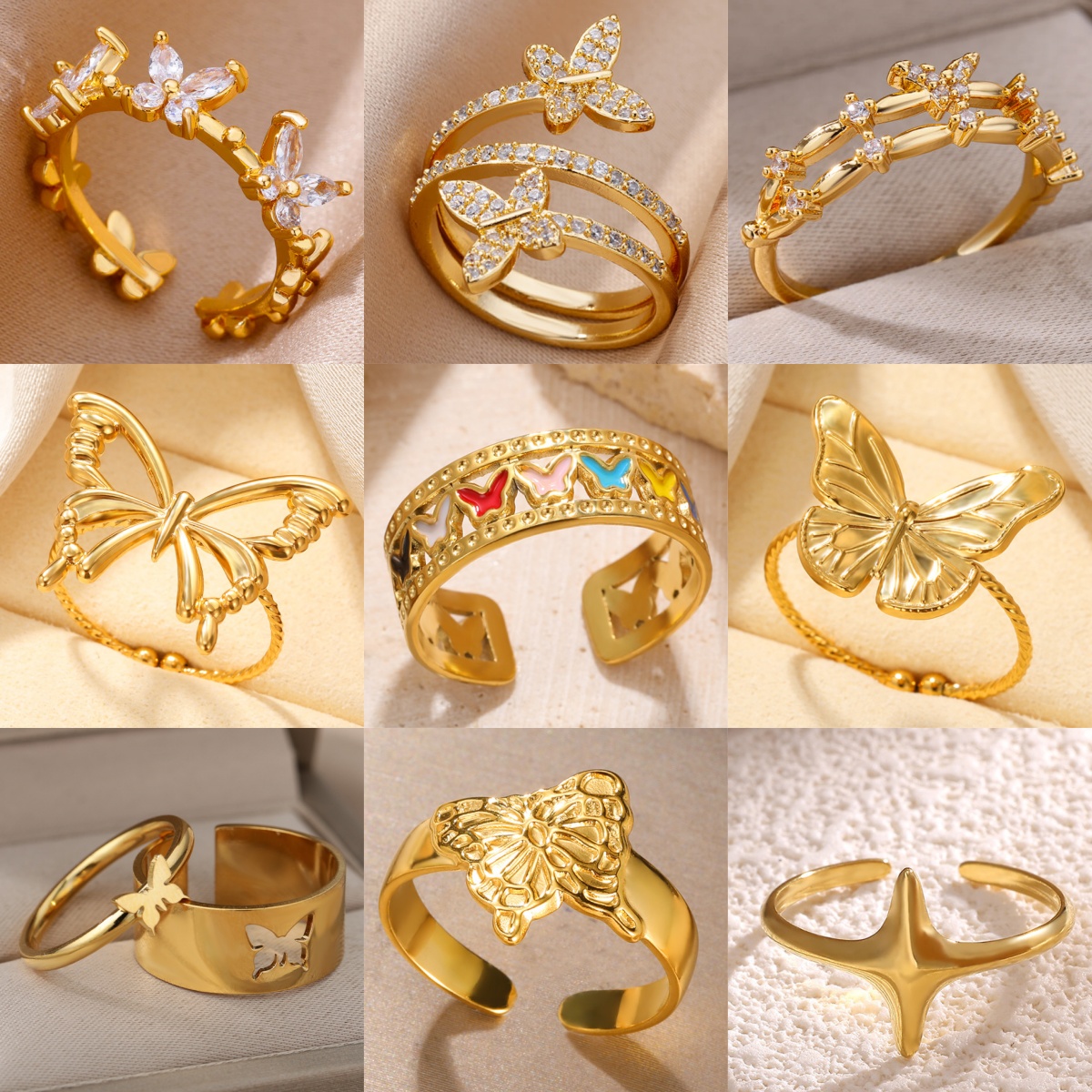 Elegant Butterfly Rings for Women Stainless Steel Gold-Plated Colored Zirconia Designed Jewelry Party Ring
