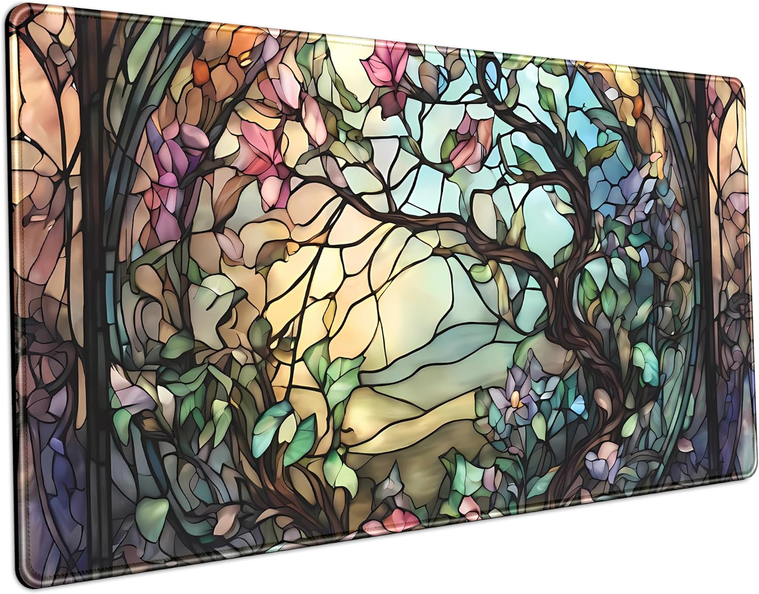 Stained Glass Tree Desk Mat - XXL Cartoon Gaming Mouse Pad for Women, Extended Keyboard & Mouse Mat for Office Decor