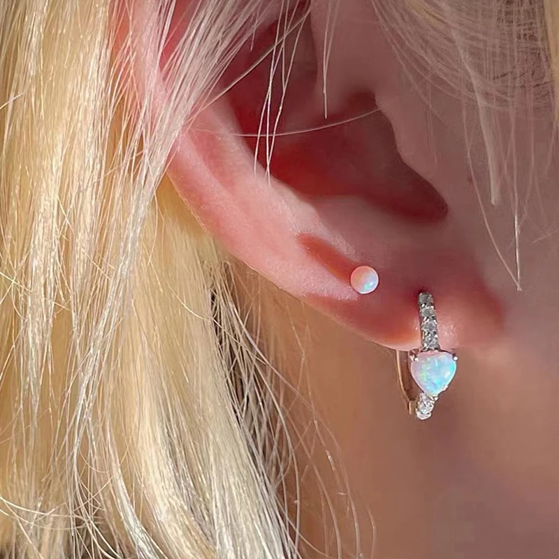 1pair Y2K Heart-shaped White Opal Silver Color Hoop Earrings for Women Unique Design Exquisite Huggies Jewelry