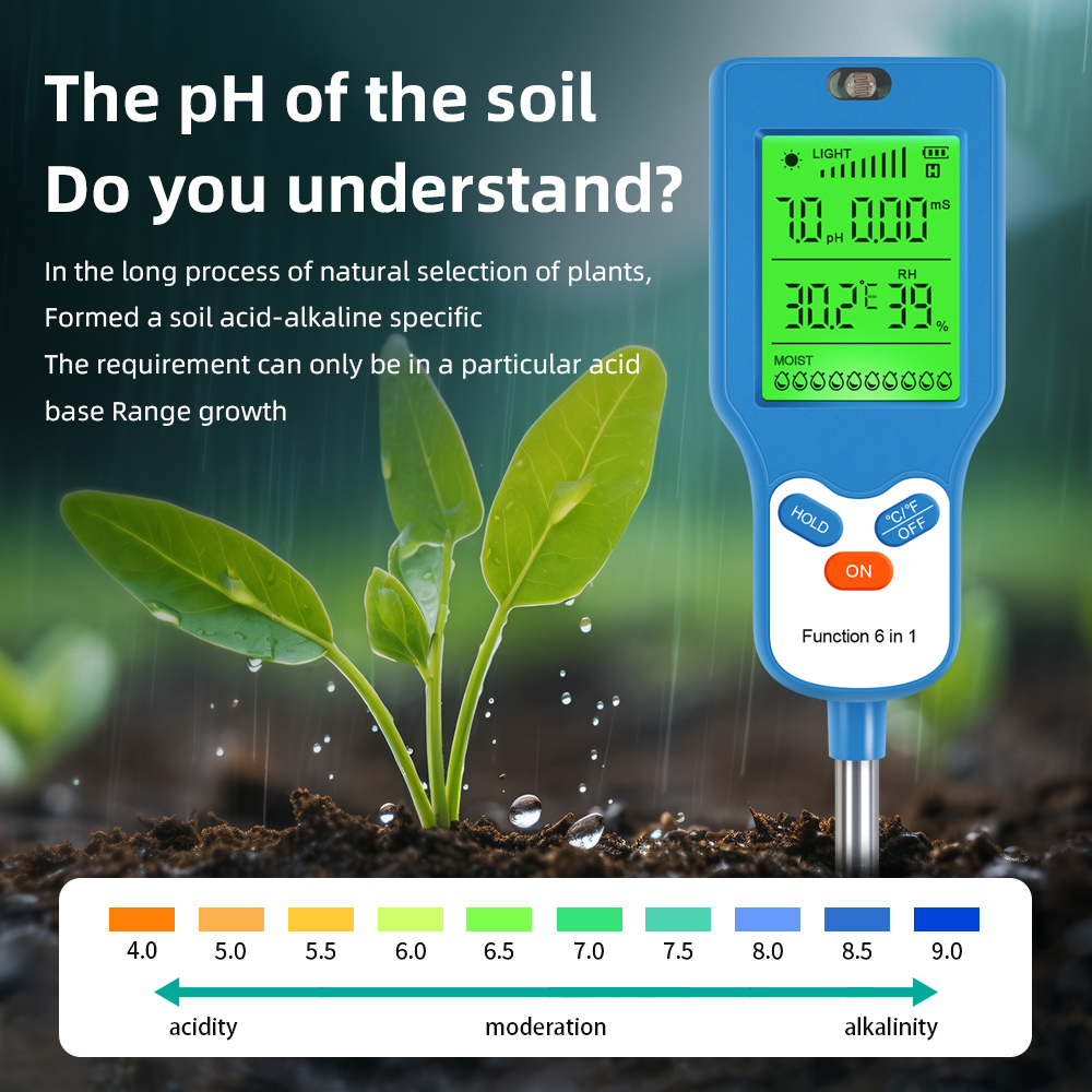 New 6 in 1 Soil Detector Soil Tester PH Temperature Humidity Sunlight Air Moisture Nutrient Fertility Meter Gardening Tool