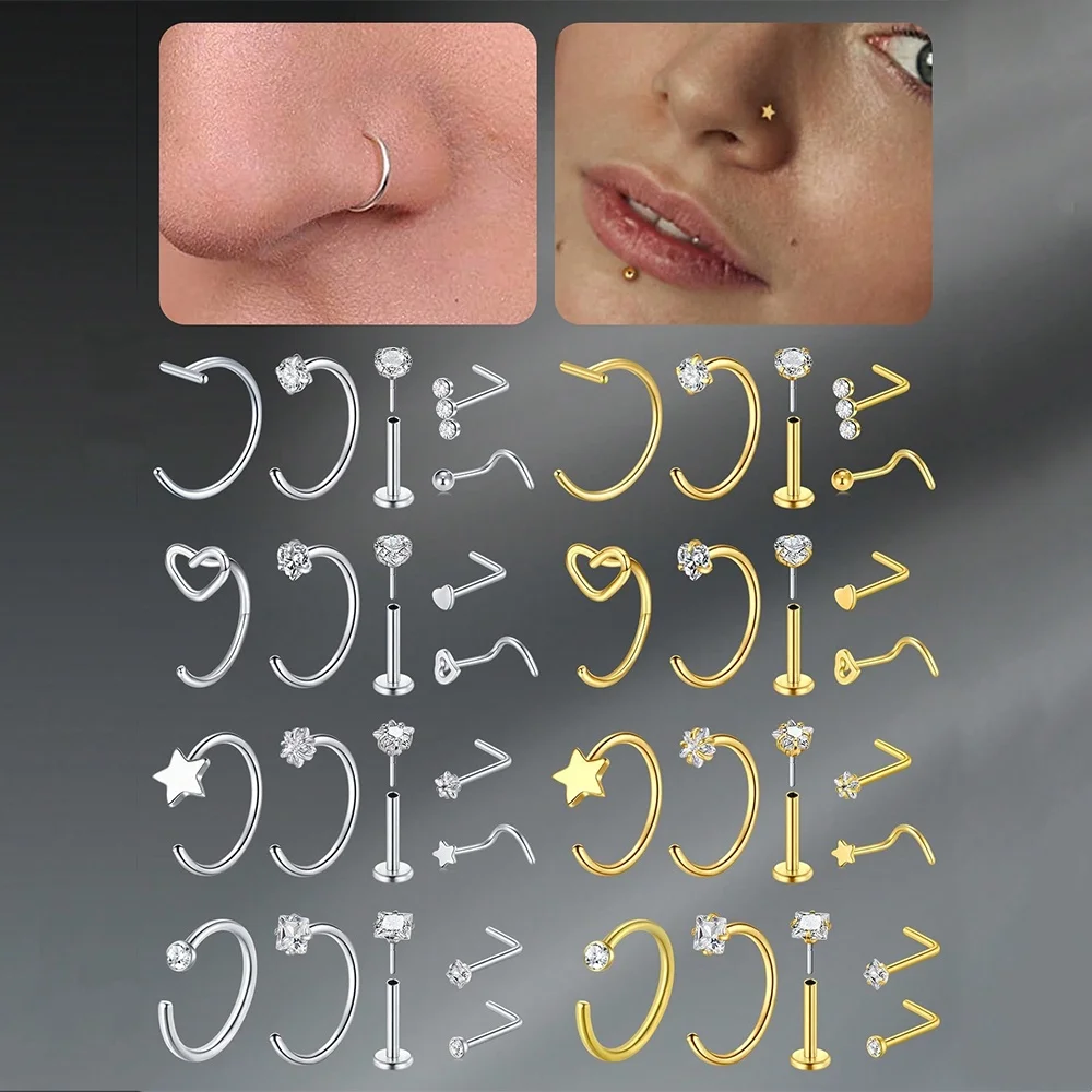 5 Pcs/Set Funky Stainless Steel Cubic Zirconia Heart Star Nose Rings Hoops Nose Rings Studs Set