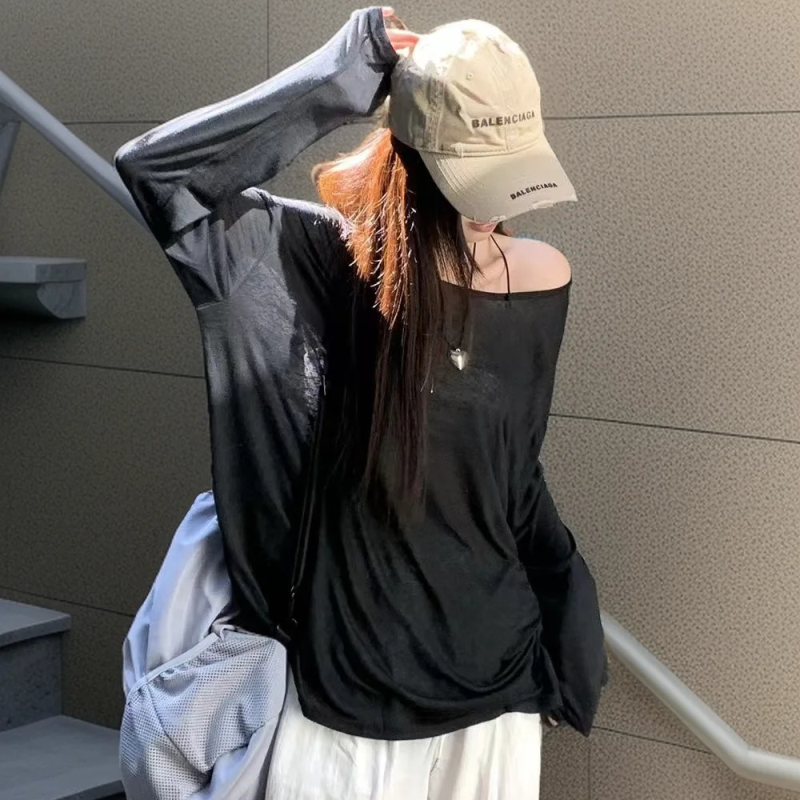 Sheer Baggy T-shirt for Women 2026 Summer Casual Fashion Loose Pullovers Chic Lazy Solid Color Off Shoulder Top Streetwear