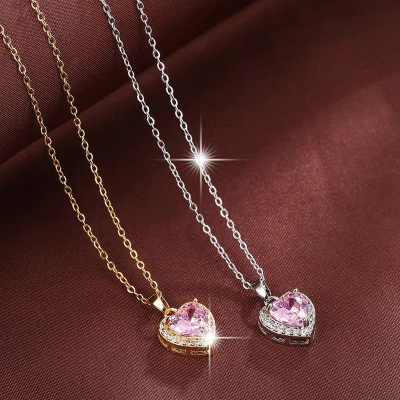 1pc Romantic Pink Heart-shaped Synthetic Zircon Pendant Necklace for Women Lady Sweet Jewelry Accessories Valentine's Day