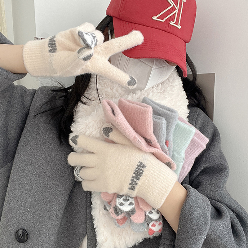 1Pair Fashion Winter Knitted Five Finger Gloves Plush Warm Cold-proof Gloves Women Outdoors Cycling Riding Gloves Ski Gloves