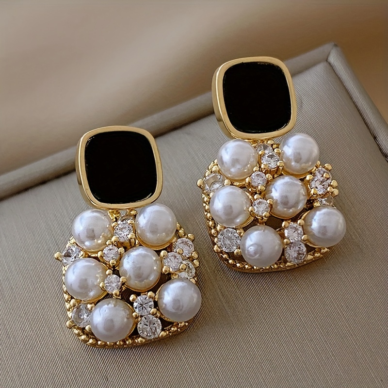 1 Pair of Fashionable Sparkling Zircon Imitation Pearl Square Pendant Earrings, Suitable for Women's Daily Party Jewelry pen gpt