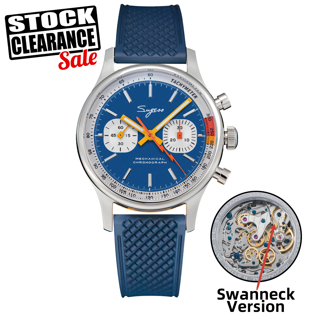Sugess Pilot Watch with Seagull Movement Swanneck Wristwatch Mechanical Chronograph Sappire Crystal Limited Racing 1963