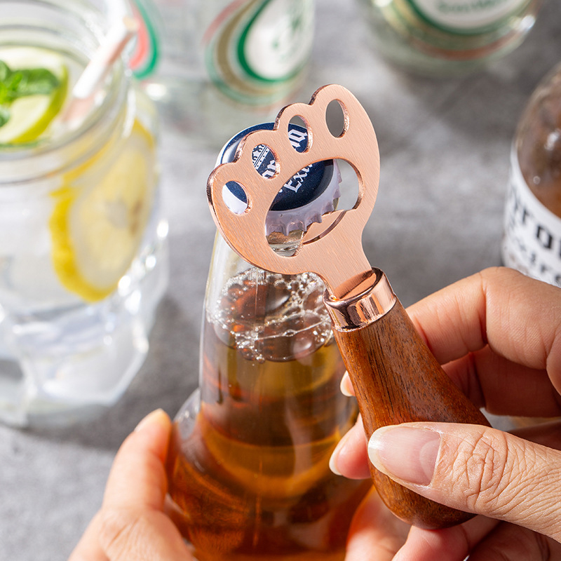 1Pieces Stainless Steel Cat Claw Bottle Opener Home Acacia Wood Upright Cute Bottle Opener Outdoor Tableware