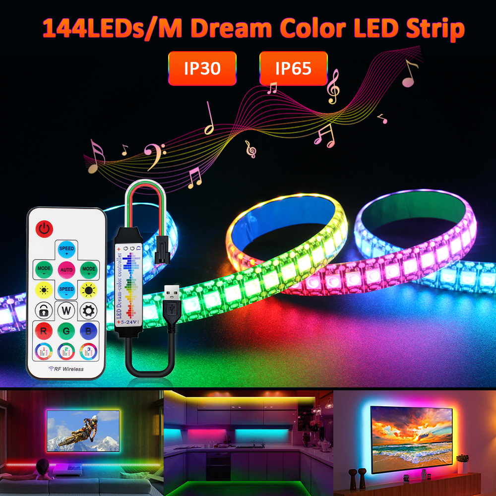 5V USB RGBIC LED Strip Light 144LEDs/M 1M 2M Dream color 2048 pixels RF 17keys Mini Music Lock RGB Controller WS2812B SPI Lamp